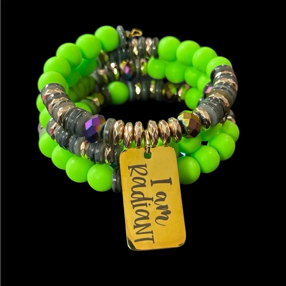 Neon Green Beaded Bracelet with Gold Tag - Picture 3 of 10